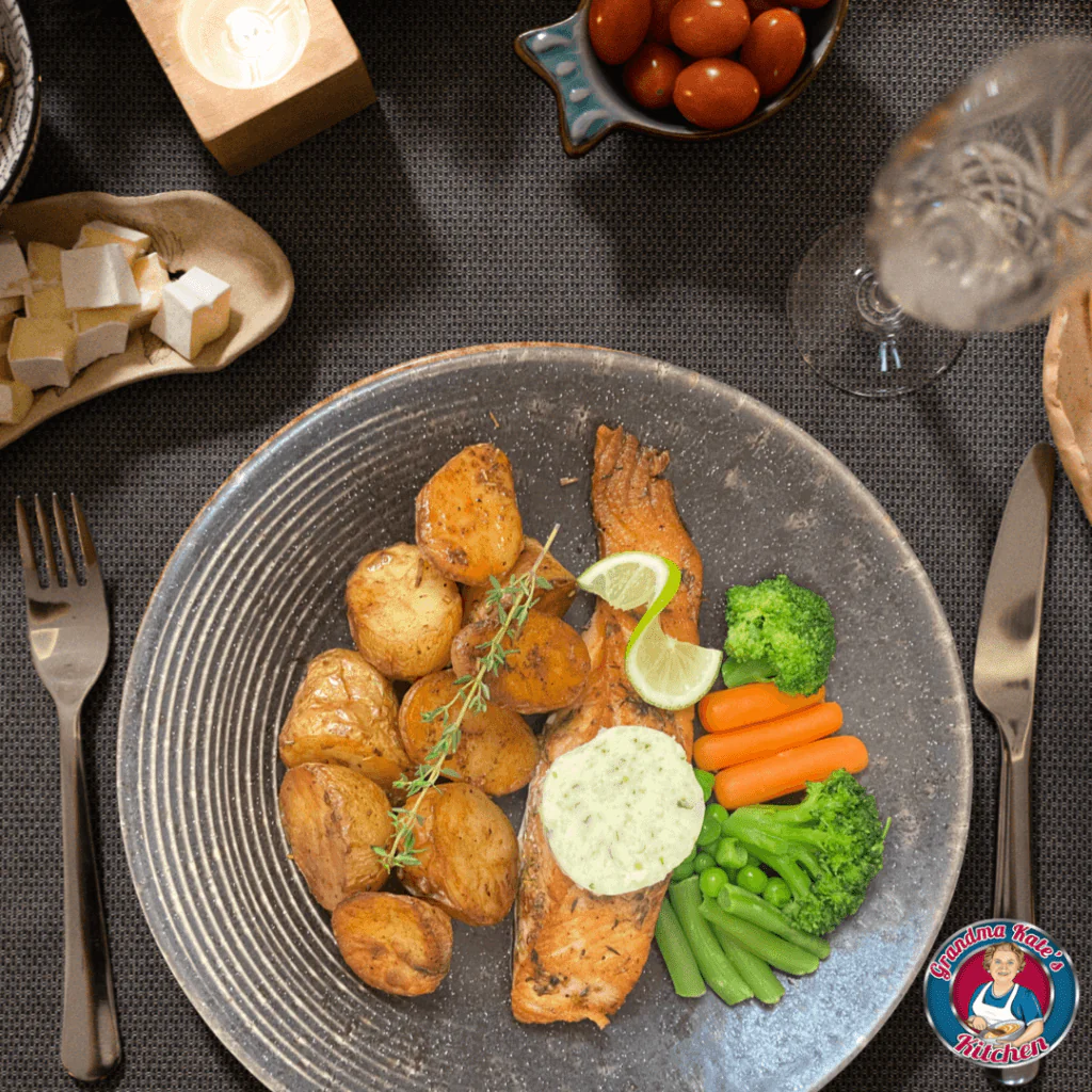 Garlic Butter Salmon with Mash and Veggies